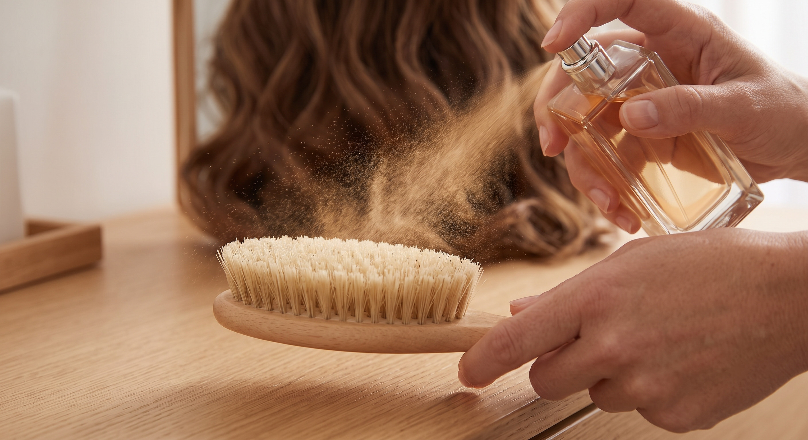 نشان دادن روش صحیح معطر کردن موها؛ اسپری کردن عطر روی برس و سپس شانه زدن