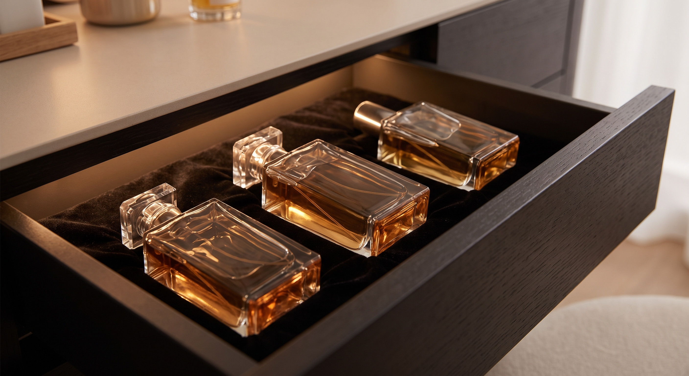 شیشه‌های عطر لوکس که به طور مرتب داخل یک کشوی چوبی تاریک و خنک چیده شده‌اند